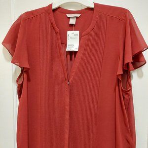 H&M Pintucked Pleated Dark Rust Brick Red Blouse Sz 14 NWT